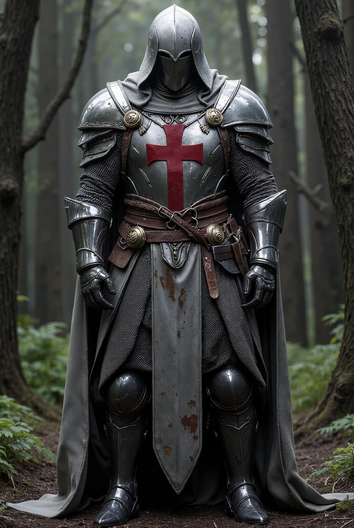 ( Classic Templar Uniform , with an imposing front , each rustic detail of a uniform that made history in the Great Crusades from the front, it is possible to see every detail in design with a determinism unique to the time , just looking at every detail was thought of the smallest detail ,since Mante with the symbol of the Cross in red on the classic Templar clothes , color half gray evokes an incredible texture at the time the forest of braided steel was made of steel to avoid more lethal attacks arrow and spear, front position 0 º,, body composition 65% seen from the bottom up in every detail cinematic quality reference to the great classics of the medieval movies HD, 8kem highlights the ((Templar Uniform))
