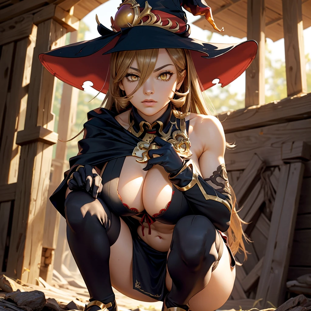 (ultra realistic,32k, masterpiece:1.2),(high detailed skin:1.1),( high quality:1.1),
<lora:nui_sociere_v1:0.8>aanui, long hair, blonde hair, hair between eyes, yellow eyes, witch hat, black headwear, cape, cleavage, bra, clothing cutout, black dress, navel cutout, elbow gloves, black gloves, black thighhighs,,(looking at viewer, lying, from above:1.1),, huge breast,large breast,<lora:add_detail:0.89>,
(iridescence:1.1), emberglow sanctum, ember-filled chambers, sacred flames, dwelling of fire elementals, blurry background,