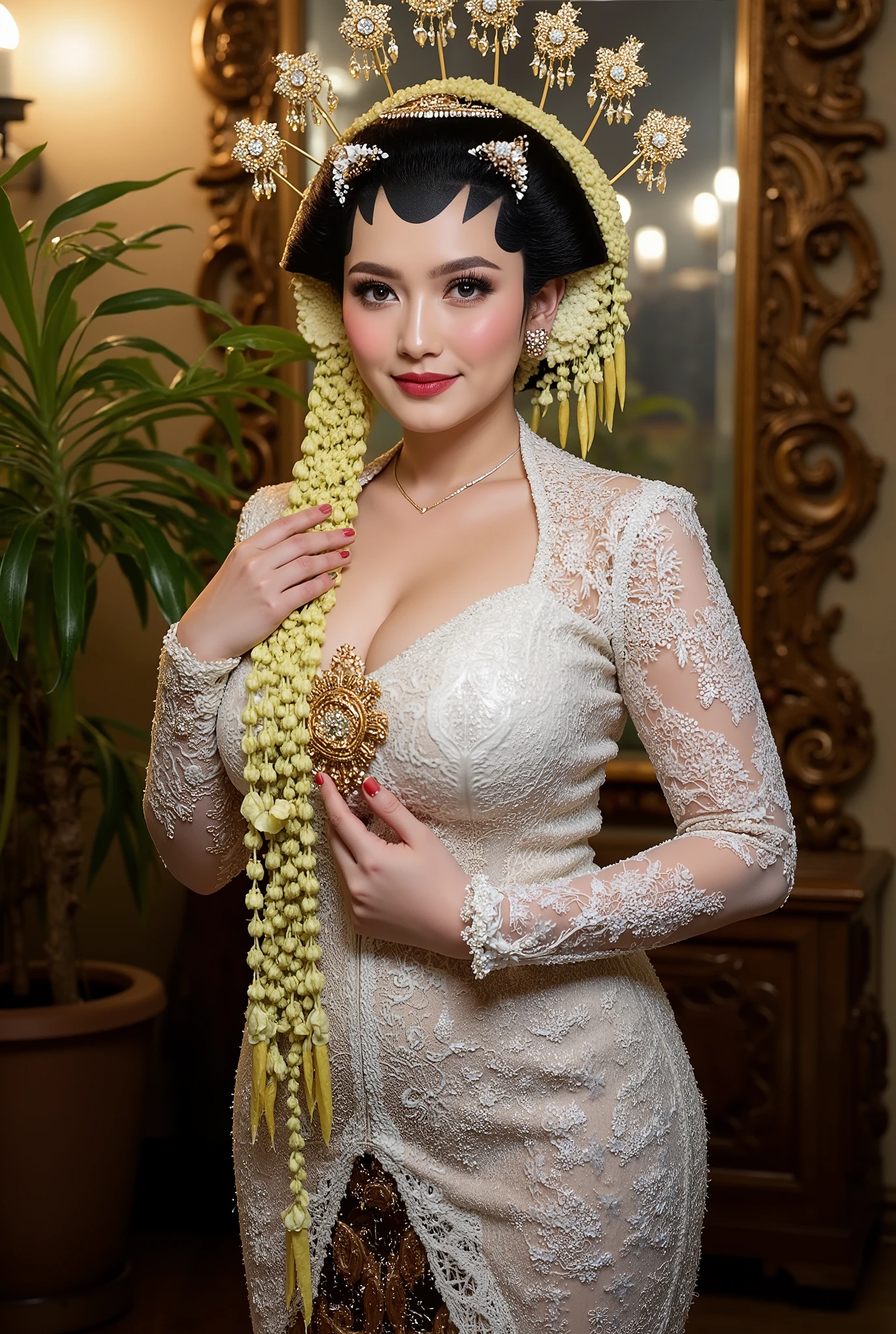 Bbw womwn chubby in kebaya dress, open breast full body