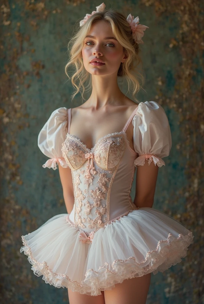 RAW photo a (portrait:1.2) of full body a (detailed clothes, (art nouveau), realistic, extra detailed face, detailed eyes, beautiful face, beautiful eyes, ((perfect detailed full lips)), slim, (small breasts), correct anatomy, beautiful body, aroused body,(ballet room), standing, gold ornament, hair decorating, short hair, ((braided hair)), ((white tutu)), ((ballet Tutu)), ((short tutu)), (solo), (elegant), looking at viewer, ((superior look)), (standing still), soft drawing, soft colours, soft light, puffy, cameltoe, from below) in the city, (high detailed skin:1.2), 8k uhd, dslr, soft lighting, high quality