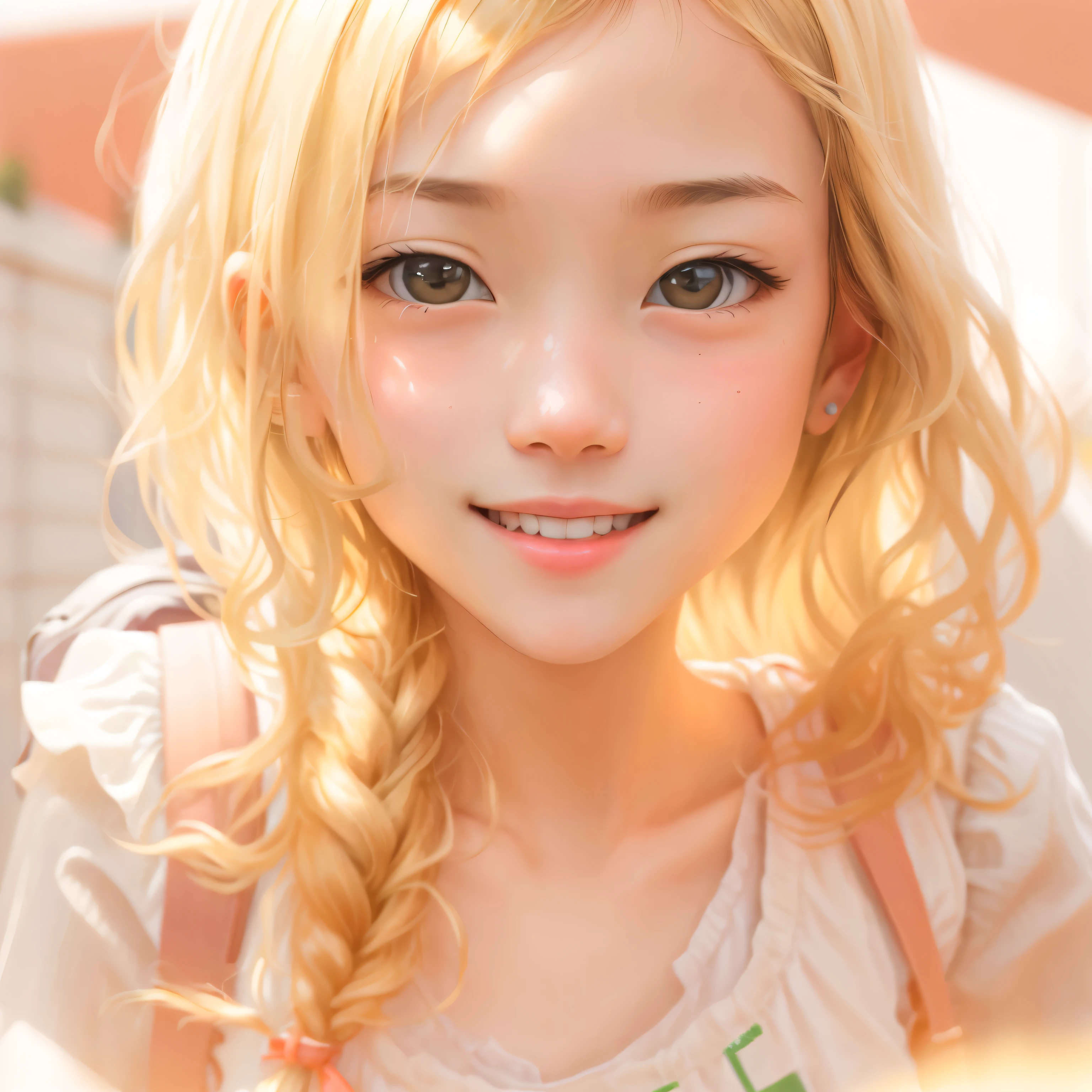 Pale, tanned skin、Sunburn marks on tanned skin、Pink Hair,blonde,Platinum Hair,Brown Hair、A cute 15-year-old girl with a cute look, A strong wind blows my hair in front of my face、beautiful long blonde French braided hair、beautiful, Cute eyes hidden by long bangs、Yawn、Double teeth、