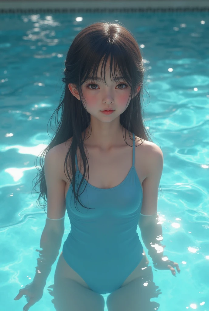 Playing in the river、Twin-tailed、a pixie cut、fairy wings、School swim wear、Gravure Pose、Wet hair、full body concept、Looking at the camera