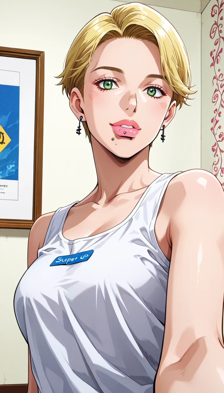 realistic,score_9, score_8_up, score_7_up, 
1girl, android18 from "Dragon Ball", cute pose, outdoors, sysdeep_android18, cyborgc18dbz, DB_Android_18, a woman, jewelry, blond hair, Short hair, earrings, blue eyes, belt, necklace, blue skirt, black fingerless gloves, white shirt, vest, hoop earrings, short sleeves, bracelet, pearl necklace, black belt, belt buckle, (masterpiece, best quality, Professional, perfect composition, very aesthetic, absurdres, ultra-detailed, intricate details:1.3)