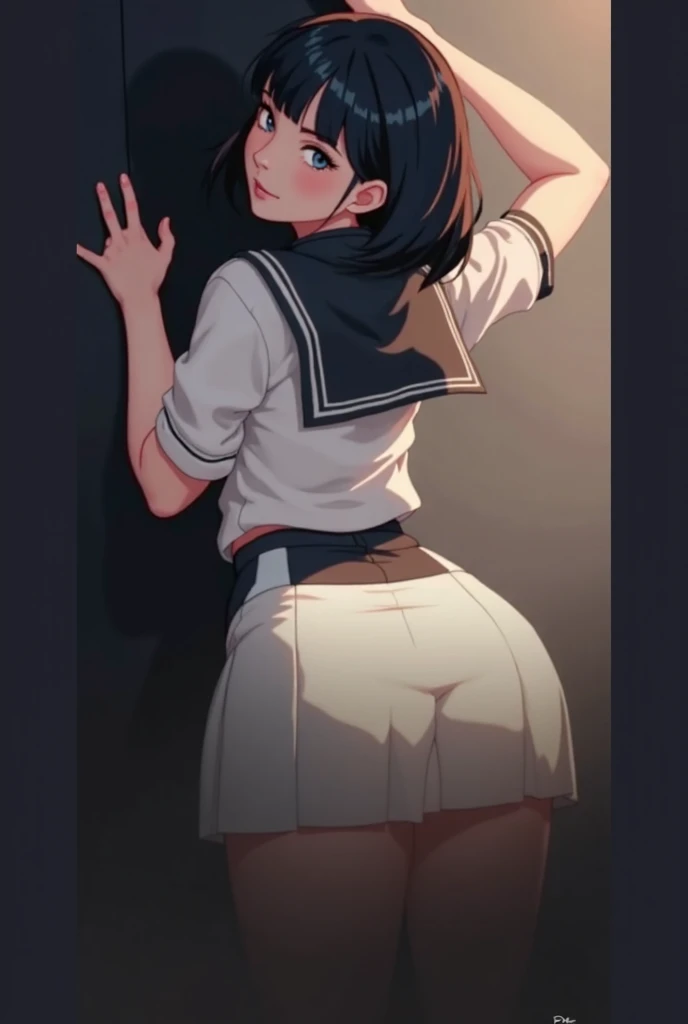 Cute adorable bootey and alluring hot boobeys, dancing babe ero style wearing a highly revealing and alluring sailor uniform in the bedroom posing in flirtatious and mischievous ero hedonistic ways wearing a short small highly revealing and alluring tiny micro mini string lace bikini under-garments, hypersexualized photorealistic Sakimichan style painting