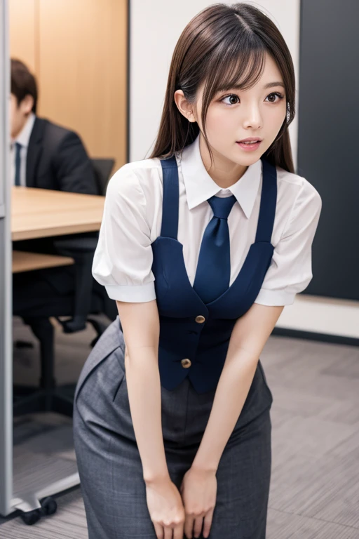 (Highest quality, 8K, masterpiece ), A 12-year-old junior high school student with a young face、Bun hairstyle、 Short Hairstyles、The eyes are large and clear、F cup large breasts、Black Hair、My shirt is about to tear、Glamour thighs:1.2、satin button down shirt, Highly detailed face, double eyelid, Round face:1.2、whole body、Sexy thighs:1.2、Round face:1.3、Side angle,Diagonal horizontal angle:1.2、Pleated mini skirt、Sitting in a chair in a dark office at night with the lights out、A computer is placed in a dark office at night with the lights off.