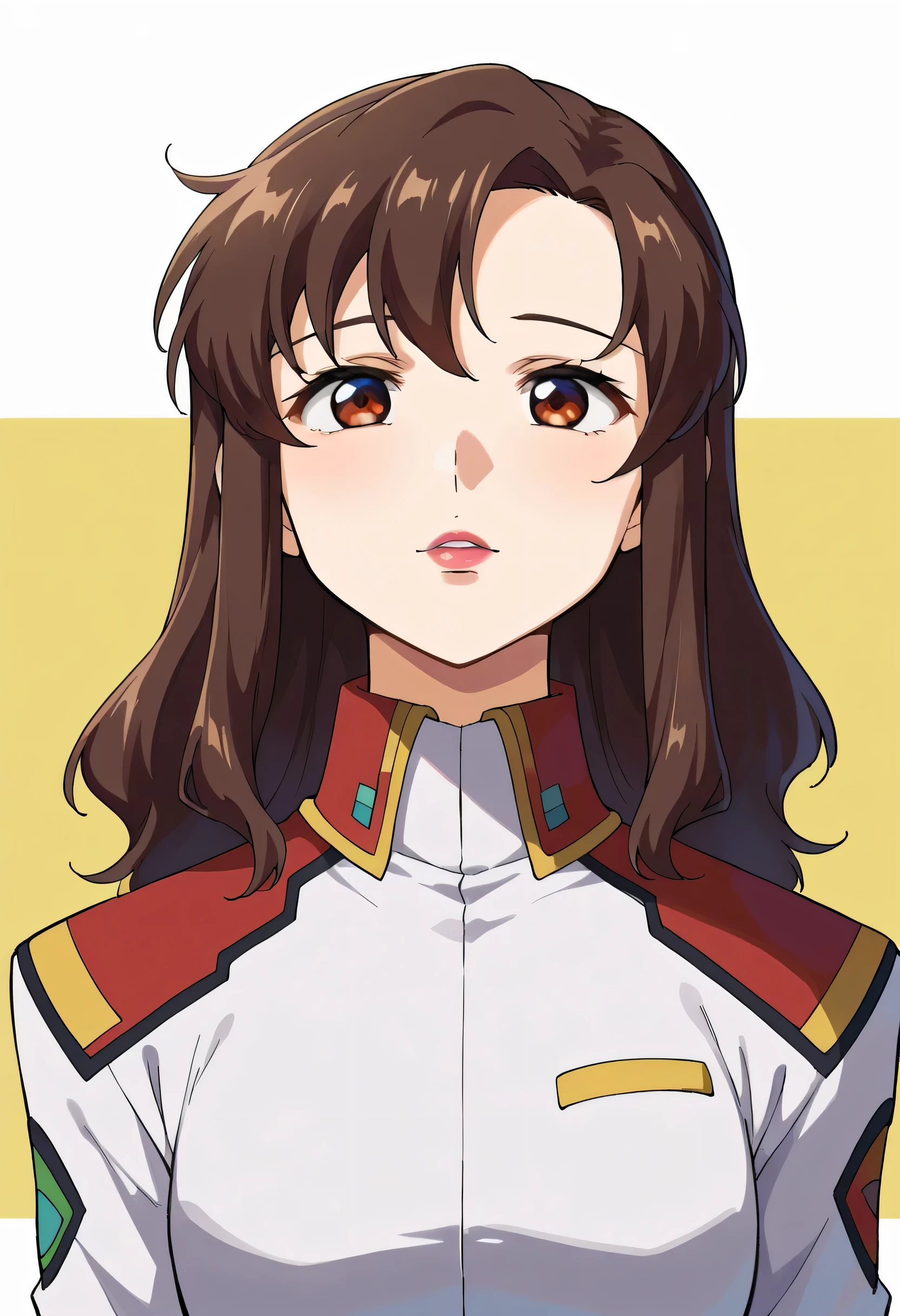 Please draw the facial expression even more delicately,巨乳でもウエストが細いscore_9,score_8_up,score_7_up,score_6_up,score_5_up,score_4_up,anime coloring BREAK source_anime,Muru,1 girl,solo,brown eyes in the bedroom,brown hair,long hair,lipstick,S1 jacket ,multicolor background,Portrait,upper body,viewers looking straight up,