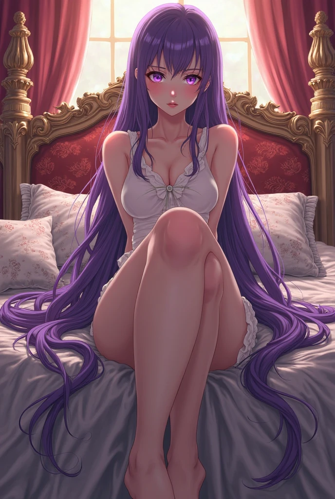 (very long purple hair), purple eyes, cat eyes, detailed eyes, beautiful eyes, fullbody, mature woman, seductive, fox ears, multiple fox tails, smile, looking at viewer, big tits, large breasts, busty, semi-transparent clothes, nightgown, nightdress, camisole, indoors, room, bed