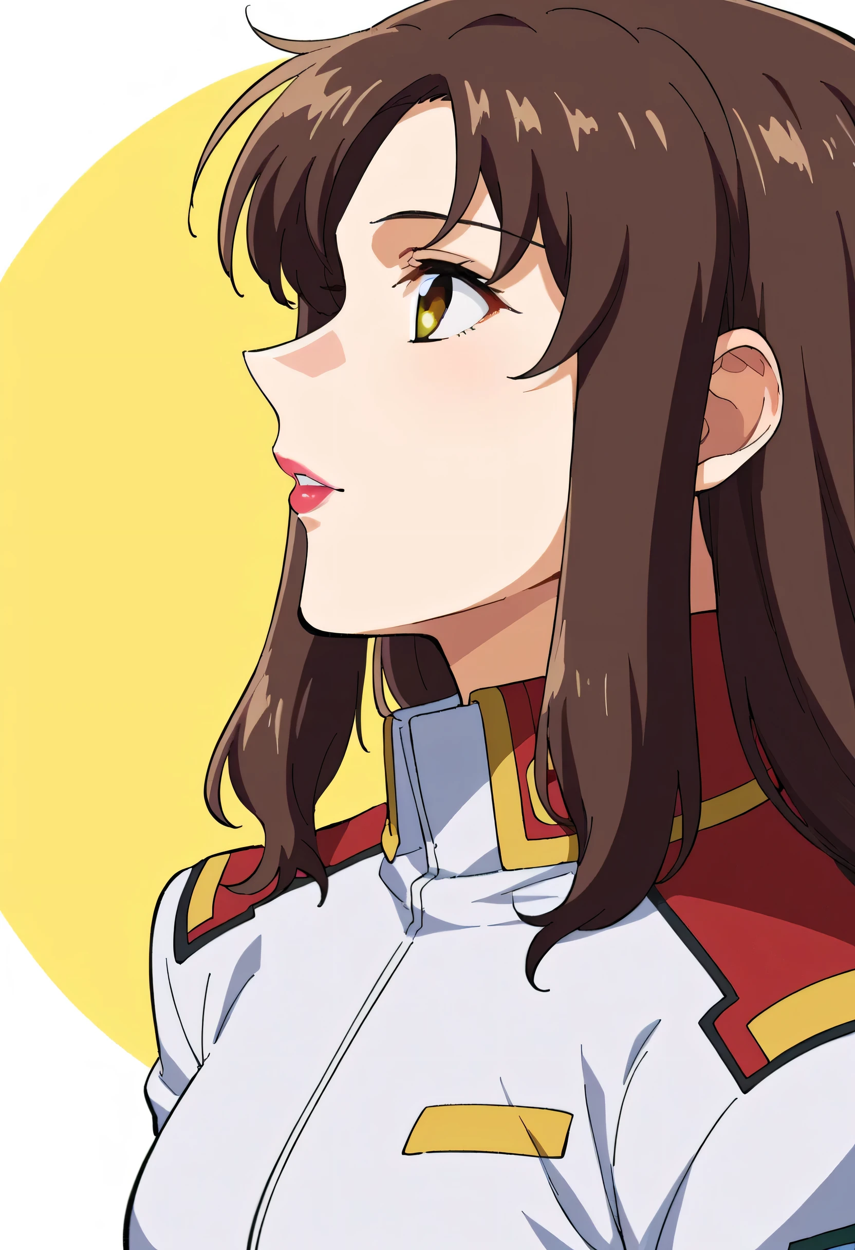Please draw the facial expression even more delicately,巨乳でもウエストが細いscore_9,score_8_up,score_7_up,score_6_up,score_5_up,score_4_up,anime coloring BREAK source_anime,Muru,1 girl,solo,brown eyes in the bedroom,brown hair,long hair,lipstick,S1 jacket ,multicolor background,Portrait,upper body,viewers looking straight up,