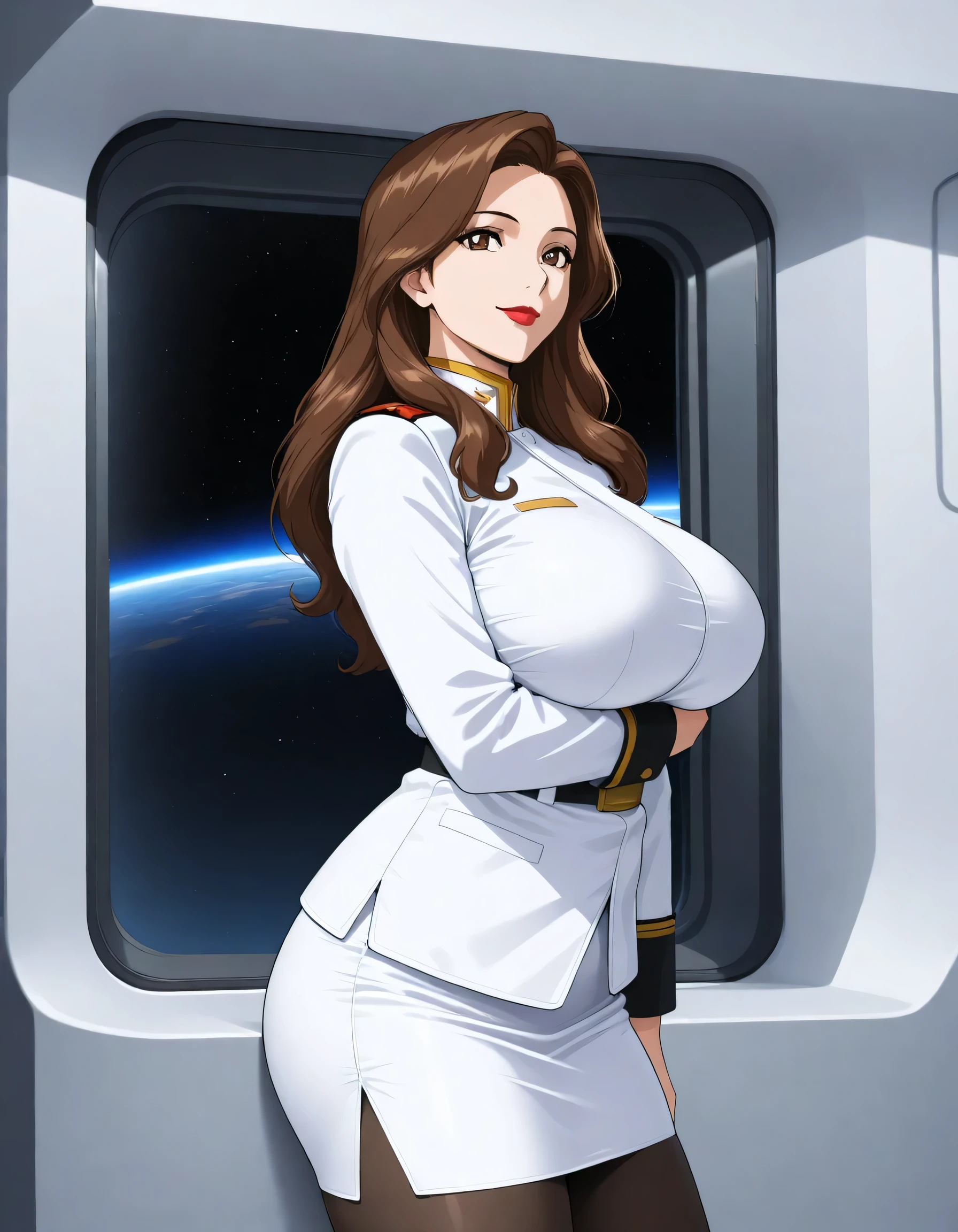 masterpiece, Highest Quality, very aesthetic,detailed eyes,Absard Dress, newest, amazing quality, High Resolution BREAK, 1 girl,cowboy shot wearing white judo uniform,from the side,
big breasts, Mature Woman, (1990s \(style\):0.7),Muru, brown hair, brown eyes in the bedroom, long hair, lipstick, makeup,Military, Military uniform,uniform,jacket,(white jacket:0.7),Military, tight skirt,pantyhose to roll up chest clothes,closed mouth,spaceship,space, window,(smile:0.6),viewers looking straight up,