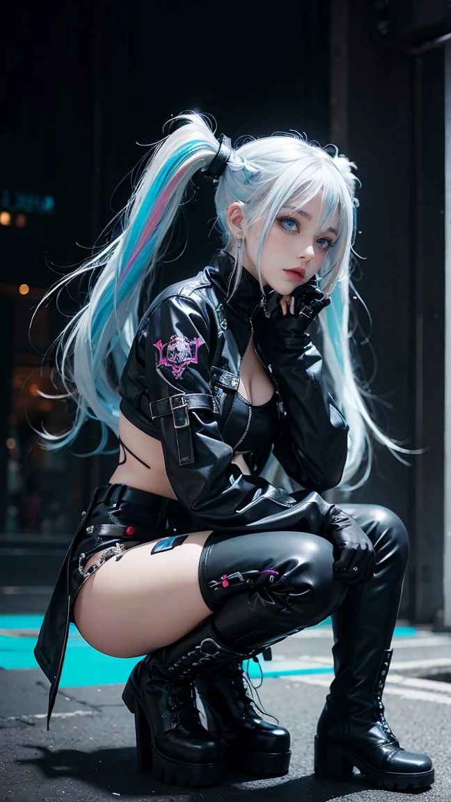 goth_fashion, 1girl, tattoo, piercing, heterochromia, twintails, white_hair, blue_hair, cyberpunk, colorful, longboots, gloves