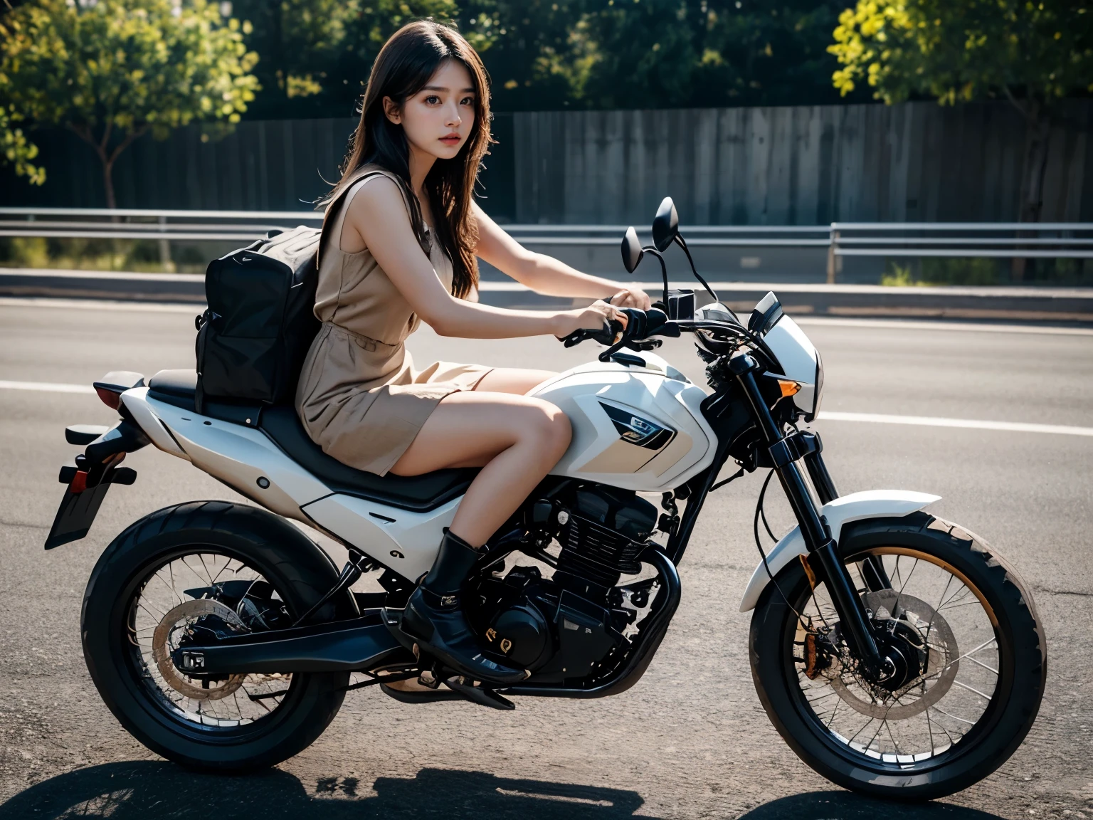 best quality, detailed, beautiful, insanely detailed, absurdres,perfect anatomy,
Japanese woman,black hair,27 years old,
(slender),
(small breasts),
(motorcycle:1.3), delightful, squatting, medium hair, (dirty white coveralls), (holding a spanner in hand:1.0), (A scene where a motorcycle is being maintained), (maintenance garage), cowboy shot, dutch angle shot