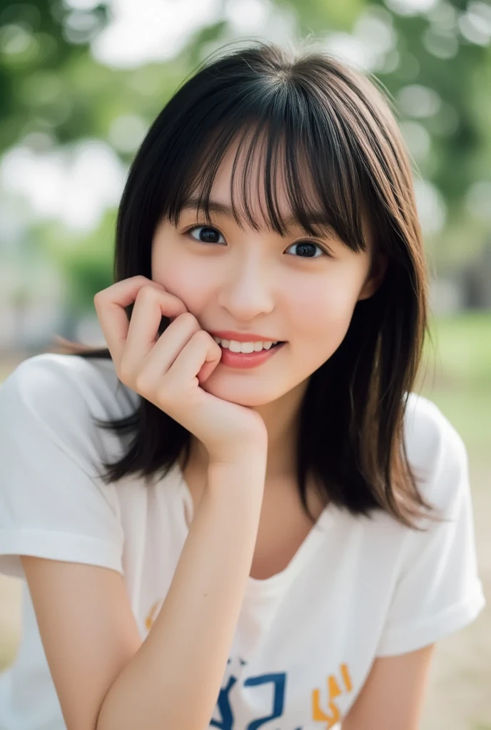 Japanese ),((beautiful girl)),cleavage,An expression that imagines something pleasant:1.2,(perfect body beauty:1.2),((perfect body)),(shy smile),beautiful teeth,