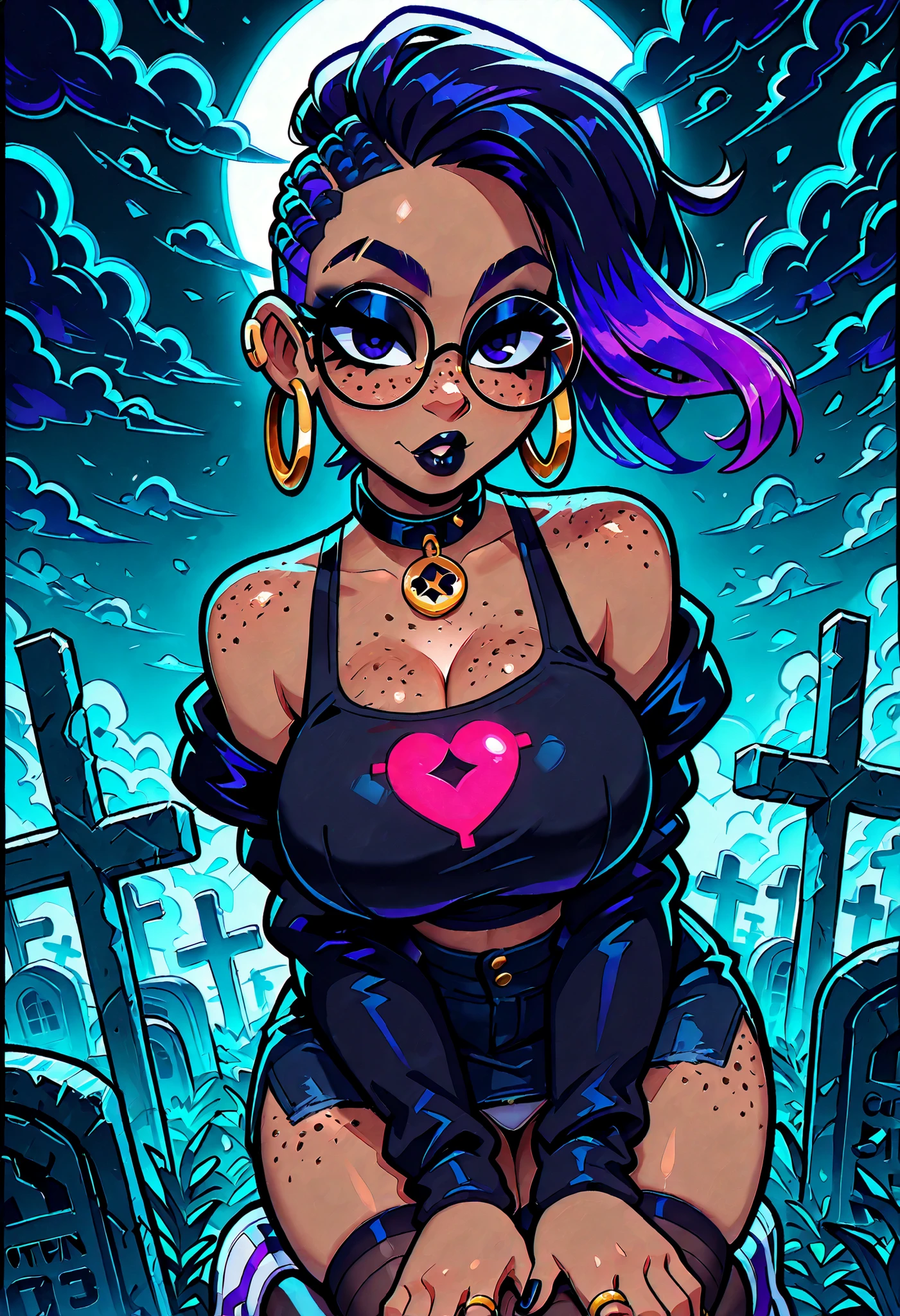 masterpiece, best quality, very aesthetic, absurdres, safe, (masterpiece), 1girl, solo, best quality, expressive eyes, perfect face, newest, perfect anatomy, flawless face, dark skinned African female with cornrows and glasses, hoop earrings, gold rings, off the shoulder tank top, midriff, denim miniskirt, multicolored hair, white panties, collar with heart pendant, sneakers, color saturation, gothic makeup, lipstick, glossy lips, freckles, big breasts, big butt, hair blowing in wind, purple hair, two-tone hair, seductive expression, sexy look, looking at viewer, black knee high stockings, dimly lit, backlit, backlighting, in a cemetery, gothic clothes, dark clouds