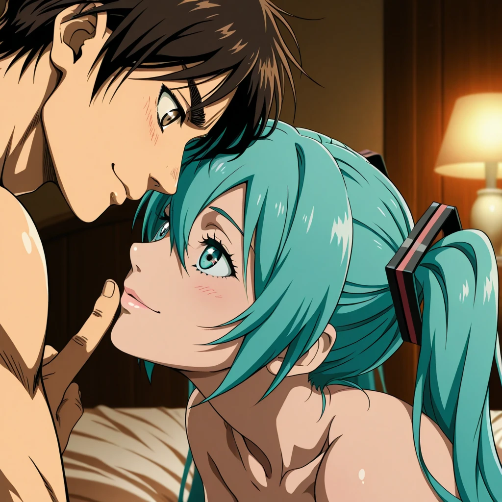 A ponytailed, blue-haired anime-style woman in her early 20s has sex with a naked, dirty man in his early 40s in the cowgirl position.、The anime girl is reaching her climax.