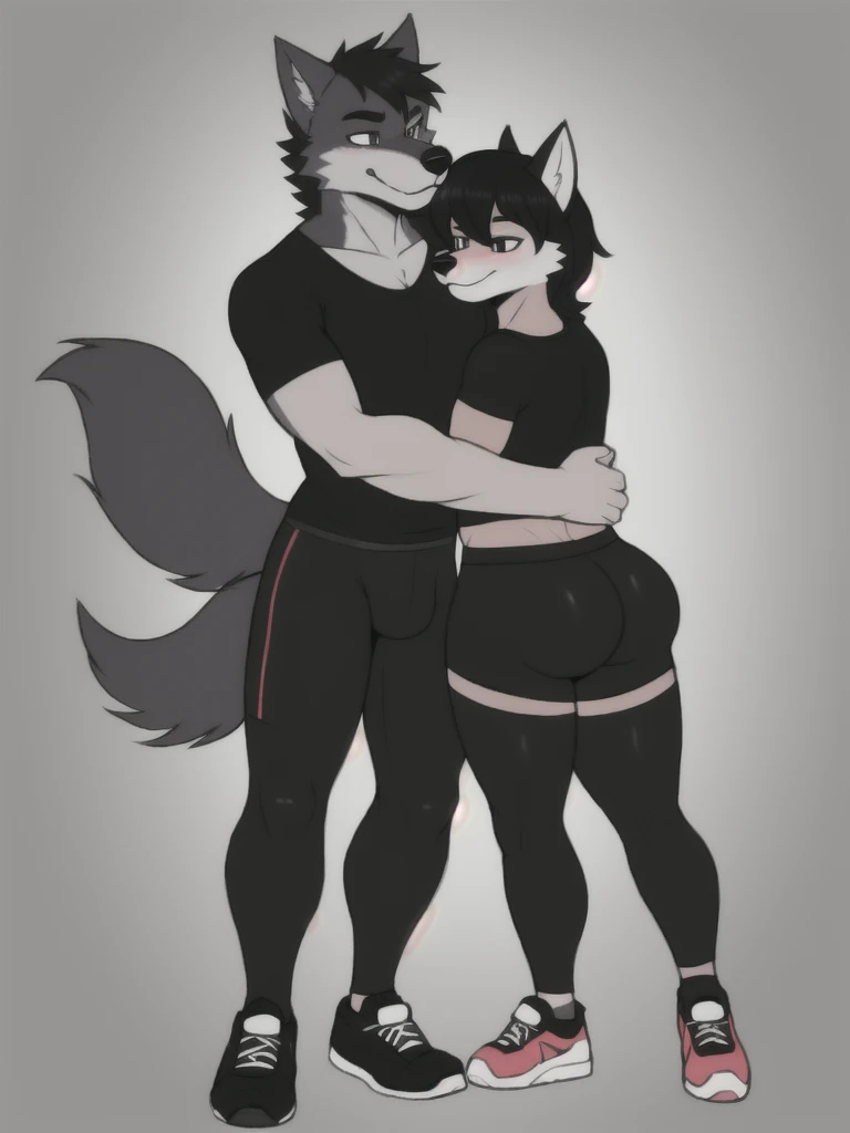 ( Shark, furry, anthropomorphic), female, bedroom background, inside, wearing tight black panties, wearing tight black bra, Furry art, furry arms, big grey shark tail, Big floofy tail, black fur legs, (blue skin, whole body, Best quality, human like body figure), Noon, blue hair, wearing glasses, Bigger thighs, Bigger chest, blushed, gas air effect, hearts, sitting on lap, kissing (Wolf, furry, anthropomorphic), male, wearing black jeans, wearing Red hoodie, Furry art, furry arms, big Floofy tail, black fur legs, (Black fur skin, whole body, Best quality, human like body figure), black hair, wearing boots, sitting on bed