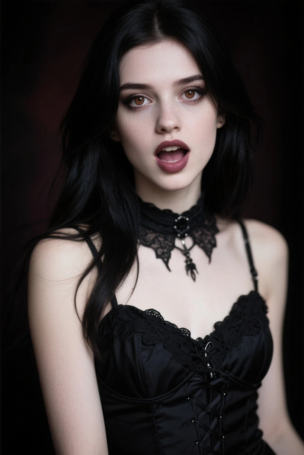 Sophia Lillis, thick body, goth lingerie, pale skin, long wavy hair, small breasts, cleavage, goth makeup 