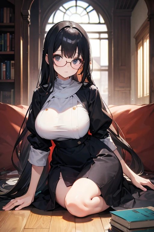 (1girl:1.3), Masterpiece, Best quality, amazing beauty, 4K, absurdres, finely detail, super detailed eye, perfect anatomy, official art, cinematic lighting, BREAK, Japanese-style room, silky medium long hair, blunt bangs, hair bun, black hair, super shiny detailed brown eyes, tareme, Glancing Elsewhere, closed-mouth smile, Eyeshadow, glasses, hairpin, embarrassed, BREAK , big breasts, tall, medium, chubby, pale skin, sitting, full body, from front, Bold composition, Sidelighting, BREAK , (school uniform:1.2), BREAK,()