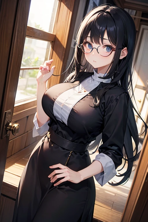 NSFW、1人の女性、brown haired(Curta)、Brown eyes、Black-rimmed glasses、 Best Quality、ultra-detailliert、8K resolution、Raw photo、masutepiece、seductive boobs、gorgeous faces、Perfect body、Pretend Dresses、a smile