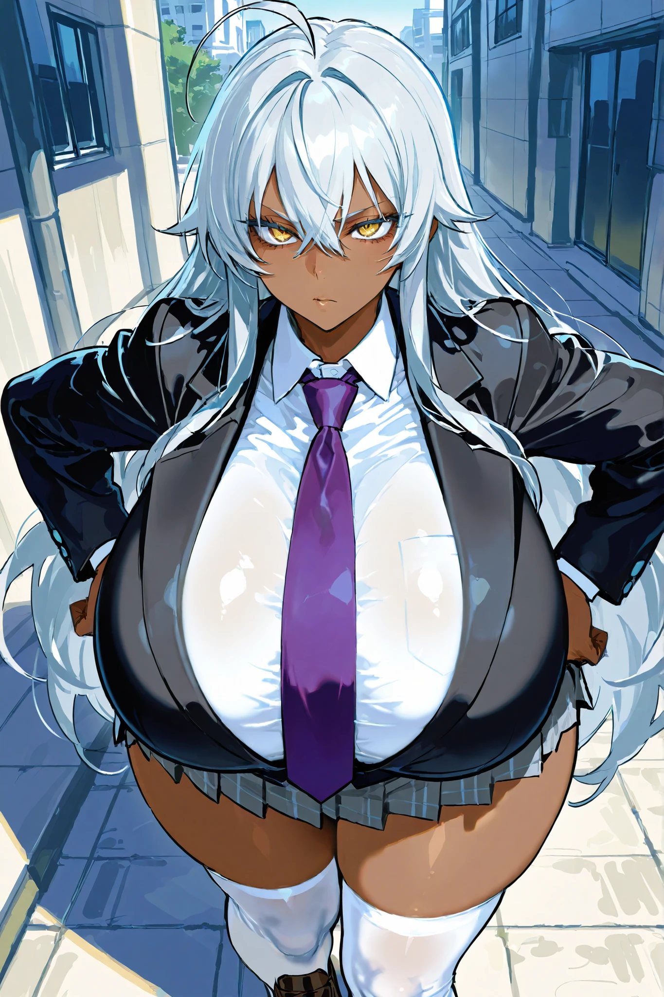 (((best quality))), ((ultra-detailed)), (illustration), ((an extremely delicate and beautiful)),(background:Outside the concrete school building),1 woman,solo,(Serious expression),(gleaming skin),(white shirt),(black blazer)(Purple tie),(Grey Skirt),(White over-kneehighs),(Brown Loafers),(She is in a fighting pose with her fists raised),(White underwear), (Golden Eyes),(dignified eyes)(Slit eyes)(tsurime),( Long hair)(Silver Hair),( hairs between eyes)(ahoge),(Brown Skin),( Big hips, gigantic breasts)(curvy body),