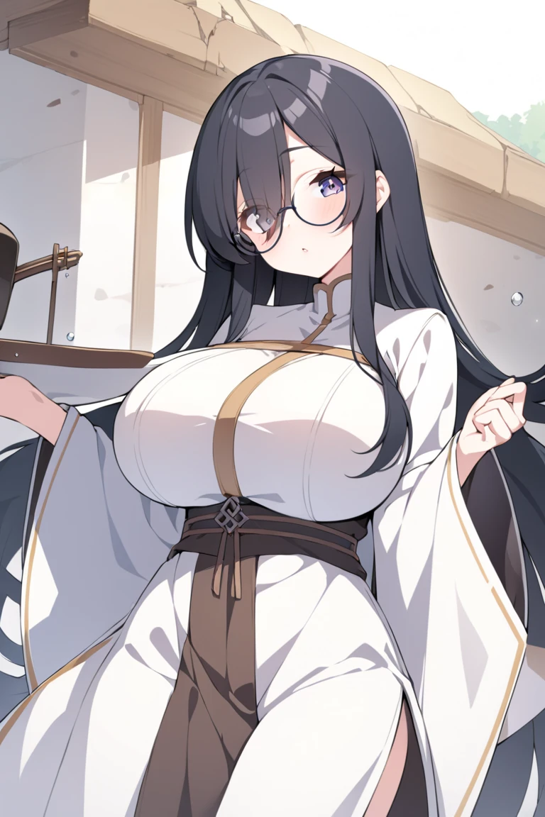 ((huge udder))、((Waist slender))、Cao Cao、white-skinned、round glasses、gigantic breastss、sagging breasts、mature woman、((White feather fabric、black kimono、far away、A brunette、single braid、holding a Naginata))