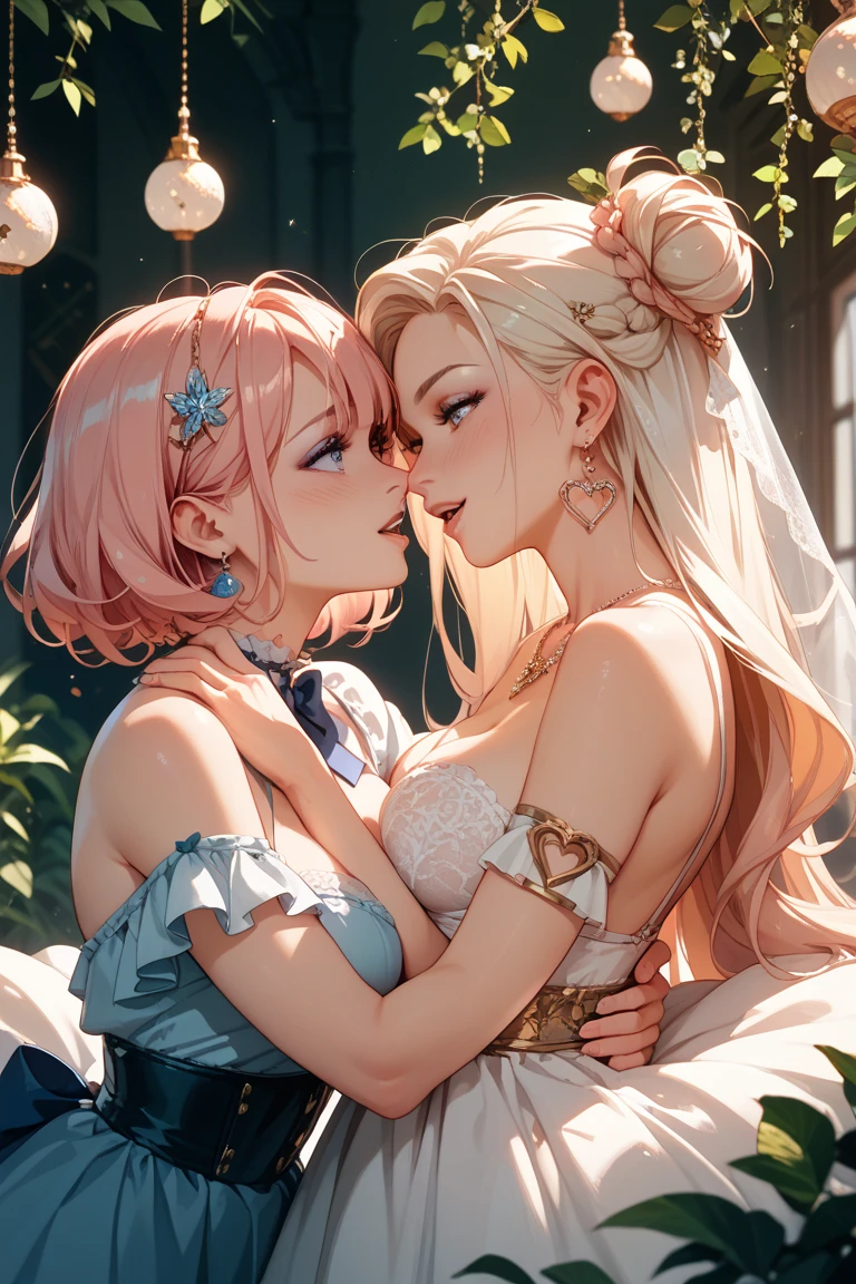 Very detailed CG Unity 8K wallpaper, Cute 2 lady, Mature hair、lady ,beautiful lady, pale skin (Super masterpiece, Beautiful person, well detailed face polluted smile, Photorealistic, hyper realisitic),
(Pink gorgeous dress:1.7)、 smile、
Japanese background with light pink flowers and snow、Portrait、(Two women:1.5)、(The two kiss:1.5)
(ref Eyes)、(flat chest:1.2)、(Glowing Skin:1.7)、Detailed eyes、Big eyes、Open your mouth、Hide your arm、