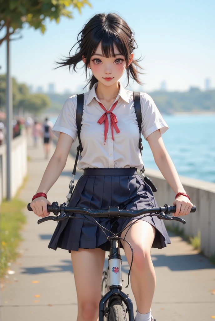 Anime girl posing suggestively on a bike in short skirt