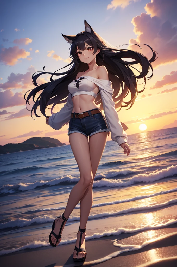 Men and women operating smartphones　Midsummer Beach　sunset　Swimwear　whole body　casual