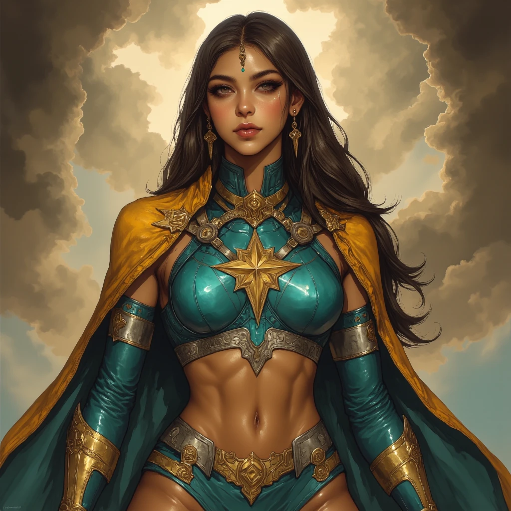 Portrait of a young Arab woman dressed With costume of supergirl, seductive, extremely beautiful and attractive, Arabic version of supergirl, in front of a desert city, long messy hair, rich colorful clothes and golden jewelry, close-up, real pose and attitude. --auto --s2