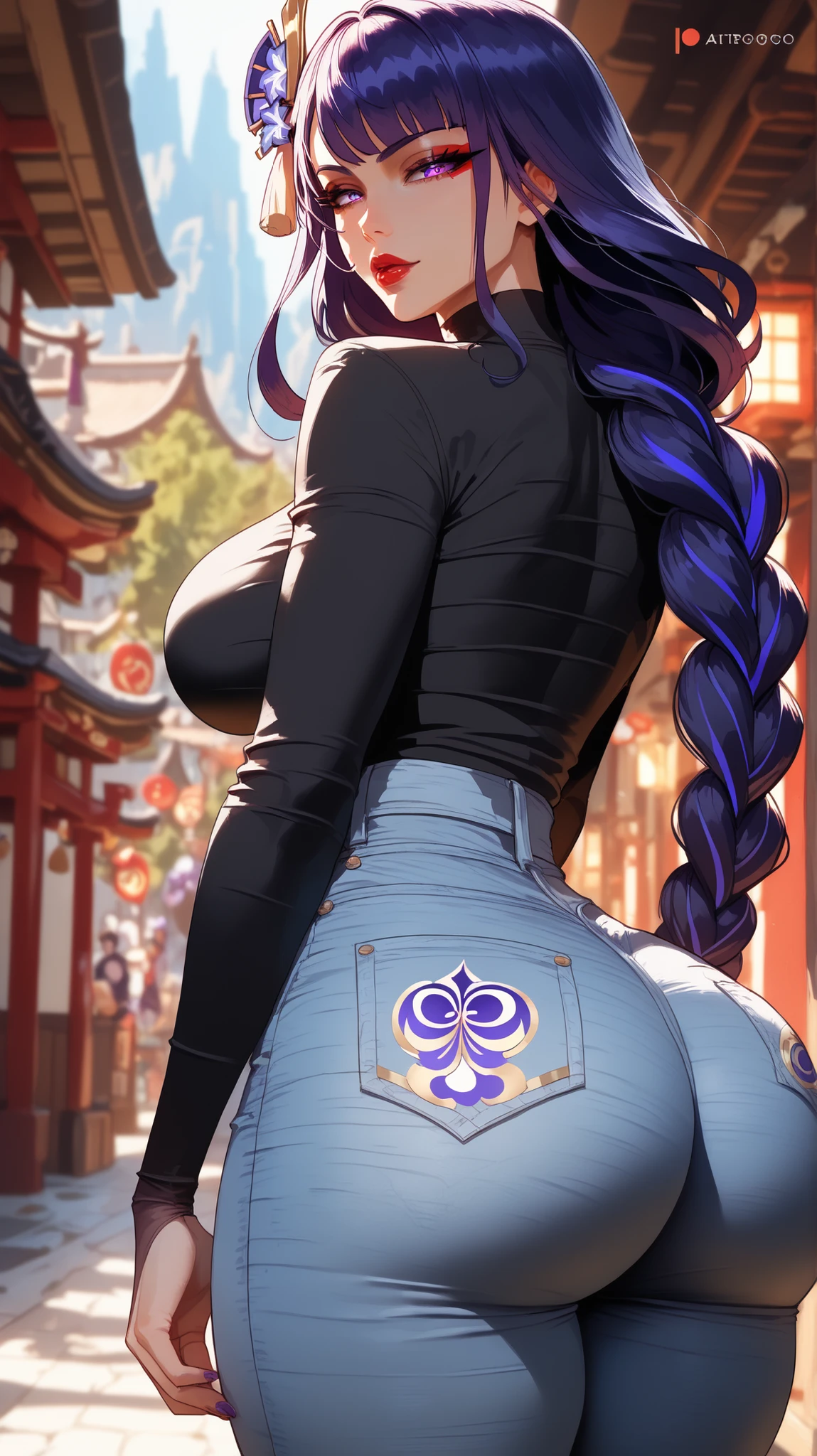 modelshoot style, (extremely detailed CG unity 8k wallpaper), full shot body photo of the most beautiful artwork in the world, beautiful woman, (((vivid purple eyes))), half-elf female wizard, conservatively dressed, modestly dressed, (buttoned up black sleeveless longcoat), (purple sleeves), (tight grey pants), (purple silk scarf), tied back silky shoulder length detailed black hair, (((fully clothed))), (dark gothic makeup), very light brown skin, (enormous breasts), small pointy ears, wide hips, hourglass figure, big booty, beautiful complexion, confident, alluring, gorgeous, Persian, powerful, magical realism, cinematic lighting