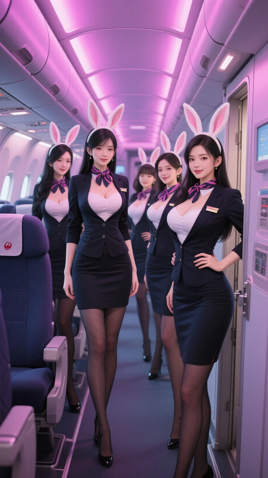 masterpiece, stewardess, seduction, smile, stewardess, long brown hair, on airplane seat, very big breasts,purple lace lingerie, light purple satin dress, chiffon puff sleeves, garter belt, garter belt stockings