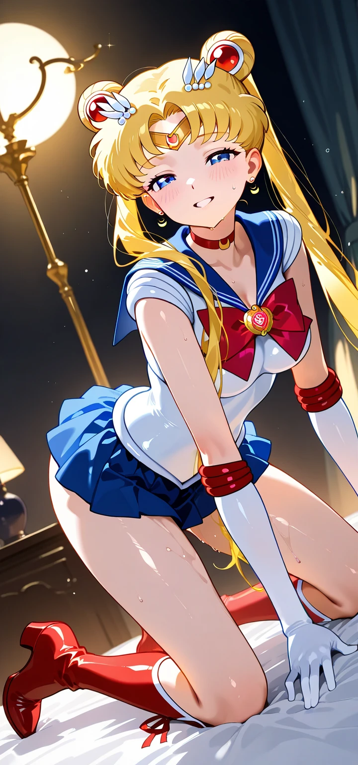 masterpiece, best quality, absurdres, perfect antomy, 1girl, solo, SMMoon, 1990s \(style\), blonde sailor moon, standing, smile, cowboy shot, sailor senshi uniform, sailor collar, blue skirt, elbow gloves, in back pose, show her booty, backwards, no thong big booty, ultra mini skirt ( BACK POSE, BACKWARD, SHOW HER BOOTY)