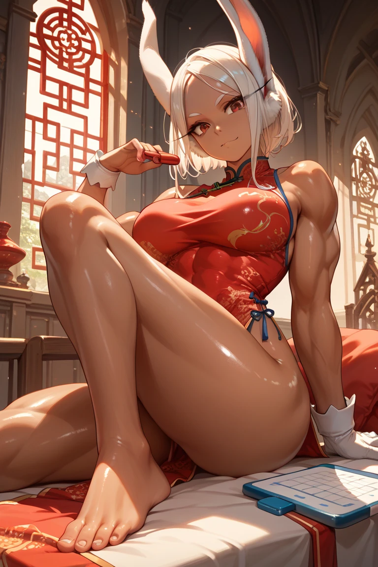 South Korean female boxer,18 years old,Pretty Face,Slim figure,detailed picture, Seductive expression, blush,White long hair, Wearing cheongsam,Soaked,Wear black pantyhose,No shoes, Wearing black boxing gloves,Black sleeves on arms, Sitting in the boxing ring with a,Large Breasts,Cleavage,Long legs,Thin waist,nipple,Camel toe,Collar,Cat ear