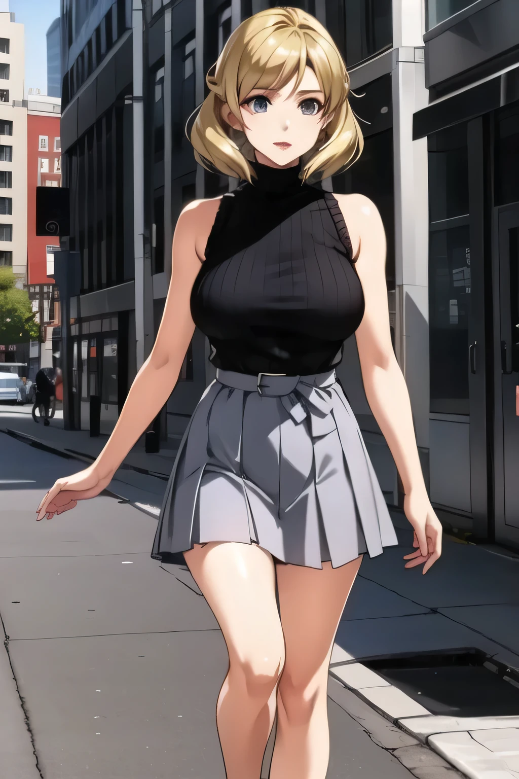 Please be blonde，Can you draw a dark blue pleated miniskirt,please draw her expression more delicately，walking alone，   city tour   ,，（（（She's wearing casual tourist attire）））， I have a SLR camera  ,（Let's draw a more delicate look），（sleeveless wool sweater），（ pleated legs，white panties），（That work is enough for one person {X} is very important for work）、 it's a great enough piece on its own，Don't fix your face。unless you need it for work。 {X}、 ,    An attractive 40 year old adult woman is jumping out of her uniform,                   Big black wavy hair, ,   Big Breasts, Thin Waist ， ,   ，