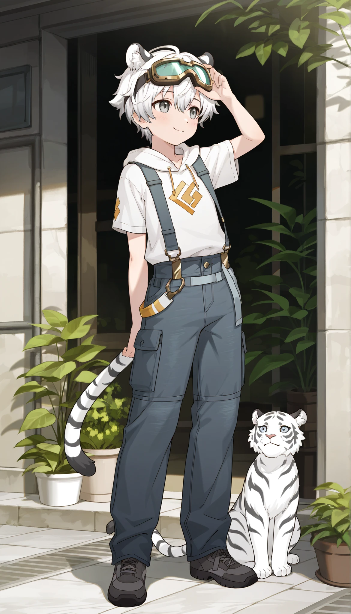 a boy, short hair,cute,white hoodie,Clothes tucked into pants, wearing goggles on the head, White Tiger Ears , masterpiece, best quality ,male focus, Shota,Short sleeve,cowboy shot,happy,grey fleece suspender pants, long length, low waist, relaxed fit, soft textured fabric, cozy, casual indoor wear, gray color,Full body picture