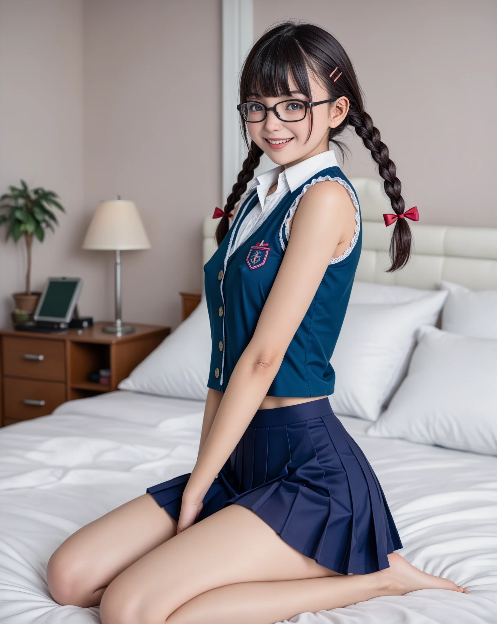 (Best Quality,4K,High resolution:1.2), Ultra-detailed, Realistic portrait, Best Quality, (outside japanese high school), (passionate scene),one very young looking high school girl, (intense emotion), (carp), (kiss:1.1), , (open eyes),(innocent look), student clothes, long black hair with bows and ribbons、Mini Pleated Skirt、(Stockings), open mouth, (very big breasts), lingerie, pigtails, thin tiny waist, black and pink marching band uniform with bow, having fun, , big brown eyes, big cute smile, (full body, perfect long legs, looking up staring into camera, far away, lying on bed, face down, feet in the air form behind), (muscular lean abs, tight cropped blouse), (large round black rimmed glasses, cat ears)