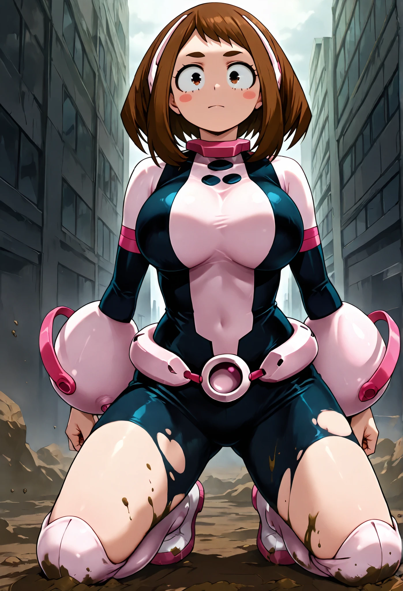 official style, anime screencap, uraraka ochako, 1girl, brown hair, brown eyes, solo, superhero, hero bodysuit, pink wrist guards, closed mouth, contrapposto, extra large breasts, (F65), looking at viewer, Kneeling on a mud-covered ground, It's raining heavily, It's night, Uraraka Ochako is smeared with mud, Her superhero suit is ripped open, Bare skin visible, Covered with charm by her bare breasts, looks at the viewer with charm,