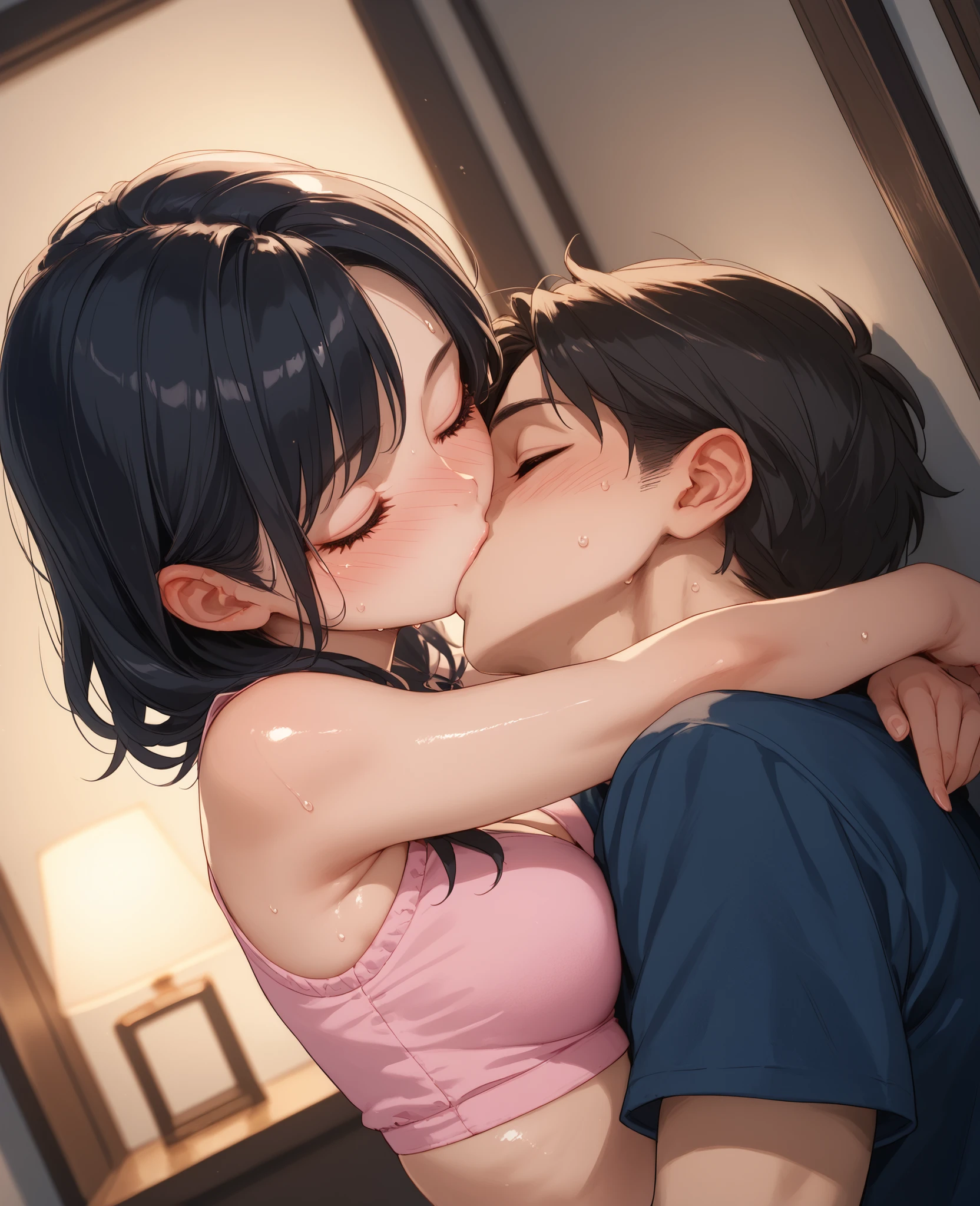 score_9, score_8_up, score_7_up, 1woman, solo, hair, closed eyes, fair skin, fair-skinned female, black hair bob, lovely medium breasts, perfect body, pink crop top, sweat, female organism, open mouth, looking at viewer, head tilt, nose blush, blush, indoor, bedroom, night time, late night, shiny skin, against wall, standing , upper body, 1girl, 1boy (faceless, face on girl's face,
intense kiss, deep kiss, kiss ), hug. Dutch angle.