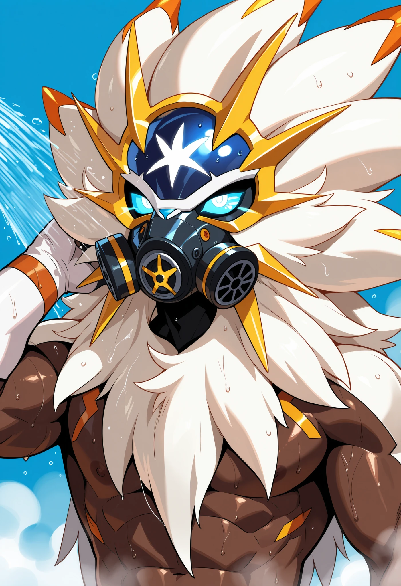 deathclaw, anthro, male, attractive, handsome, alluring, , detailed, mask, gas mask on mouth, valves on mask, clear tubes on mask, cyber upgrades, detailed eyes, dynamic angle, taking a shower, active shower, steam, sitting on floor, full body