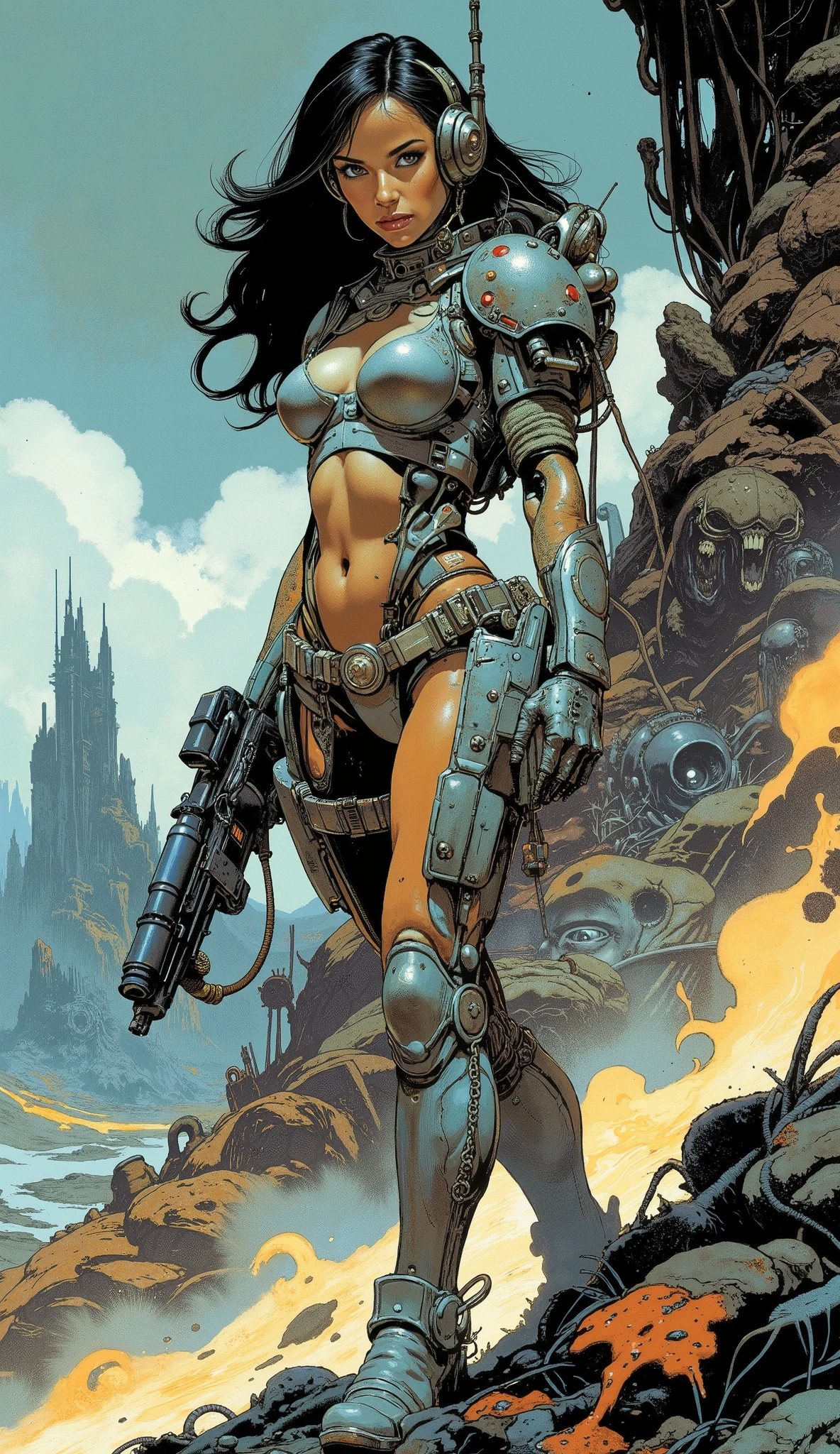 High Quality Masterpiece: 1.2) Masterpiece: Smooth Textures, Proportionate Anatomy, Sleek Body Parts, Beautiful Details, Sharp Details (High Quality Masterpiece: 1.2) Beautiful Woman (Miss Universe Level) (Animated Pose), Highly detailed animated illustration of a sexy, futuristic female warrior in biomechanical armor, holding a bulky laser gun in one hand, standing in a horrifying alien landscape. Brown eyes. In the background, strange, towering structures twist and appear. The strange shapes evoke cosmic horror. The style is bold and aggressive, inspired by the aesthetics of classic comics, with sharp lines, dramatic shadows, and bright highlights. The atmosphere combines the tension of science fiction action scenes with the surreal terror of Lovecraftian horror, capturing the epic moments of this otherworldly confrontation.