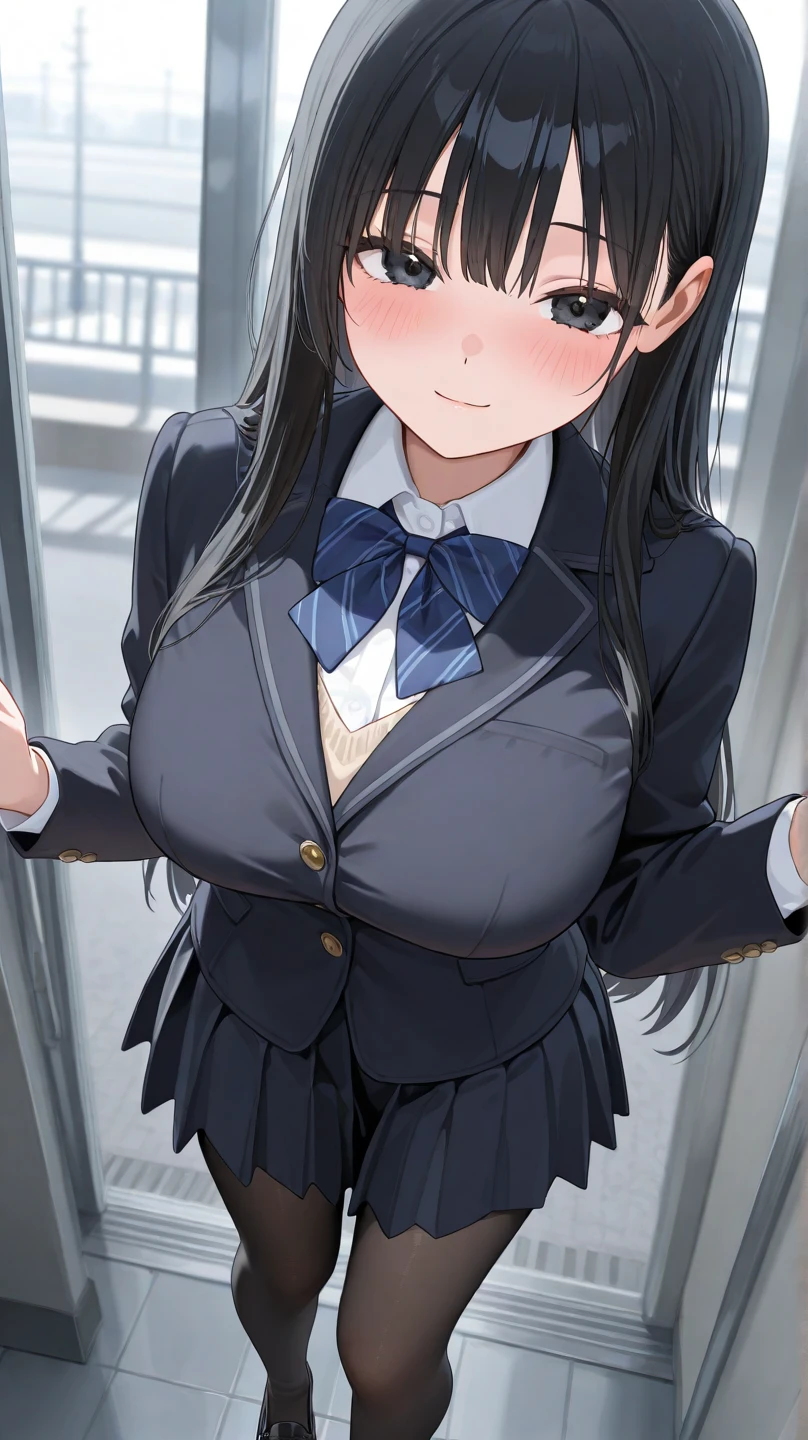 a girl in school uniform in the park, black long straight hair, black eyes, blush, solo, black short skirt, , looking at viewer, black tights, black blazer, light smile, wearing student shoes,