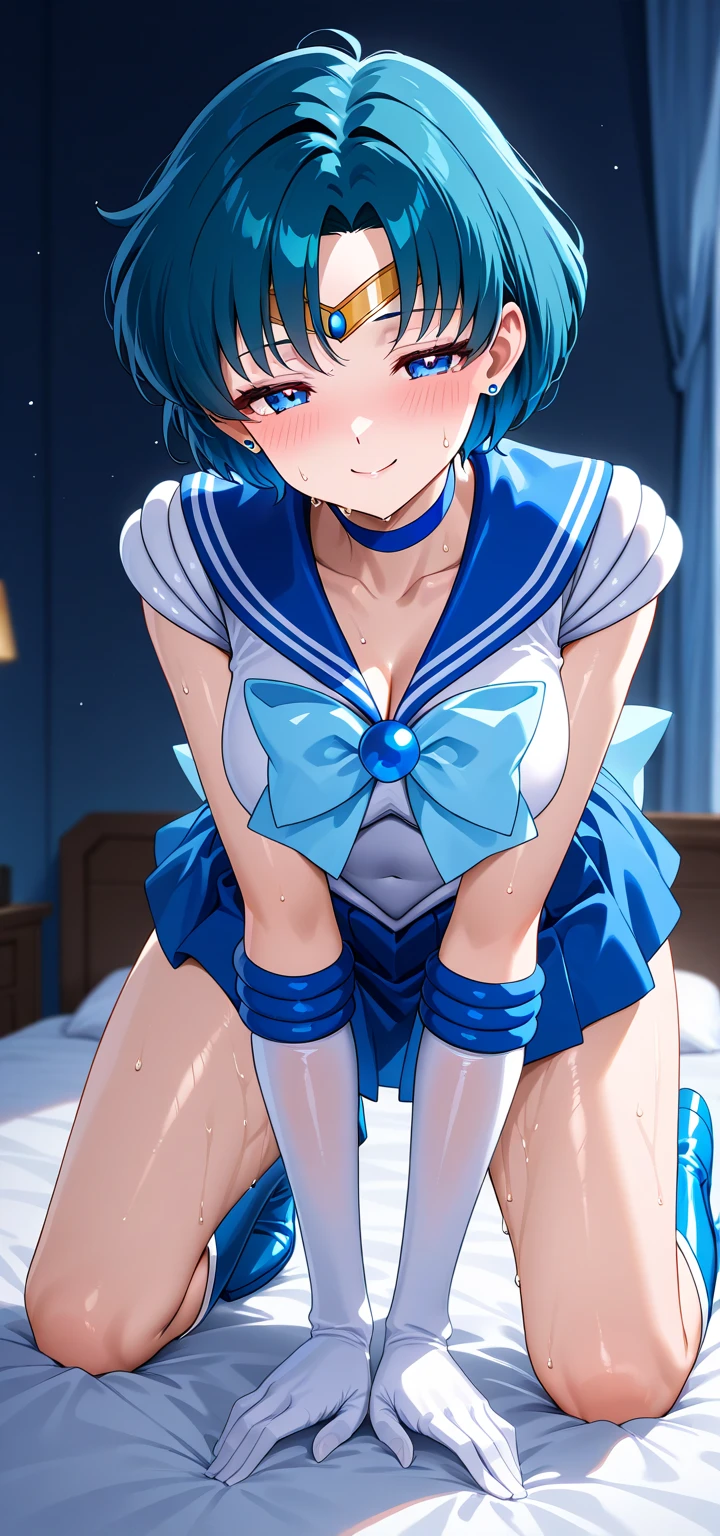 NSFW (highest quality:1.5, High resolution, 超High resolution, 4K, Detailed lighting, Shaders)(masterpiece:1.2){{Sailor Mercury}}14Year so beautiful, Super Slender ((Very small breasts)) highest quality, Realistic, Complex, Overall Details Blue Hair, Magical girl, Blue eyes, Blue Skirt, Cute white panties白い肘までの長さの手袋, tiara, Pleated skirt ,Blue long boots Light Blue Sailor Necklace, mini skirt, choker, blue choker, White gloves Cute white panties ((Wet)) Bedroom On the bed {{{{topless}}}}++ Completely naked My clothes get torn Take off