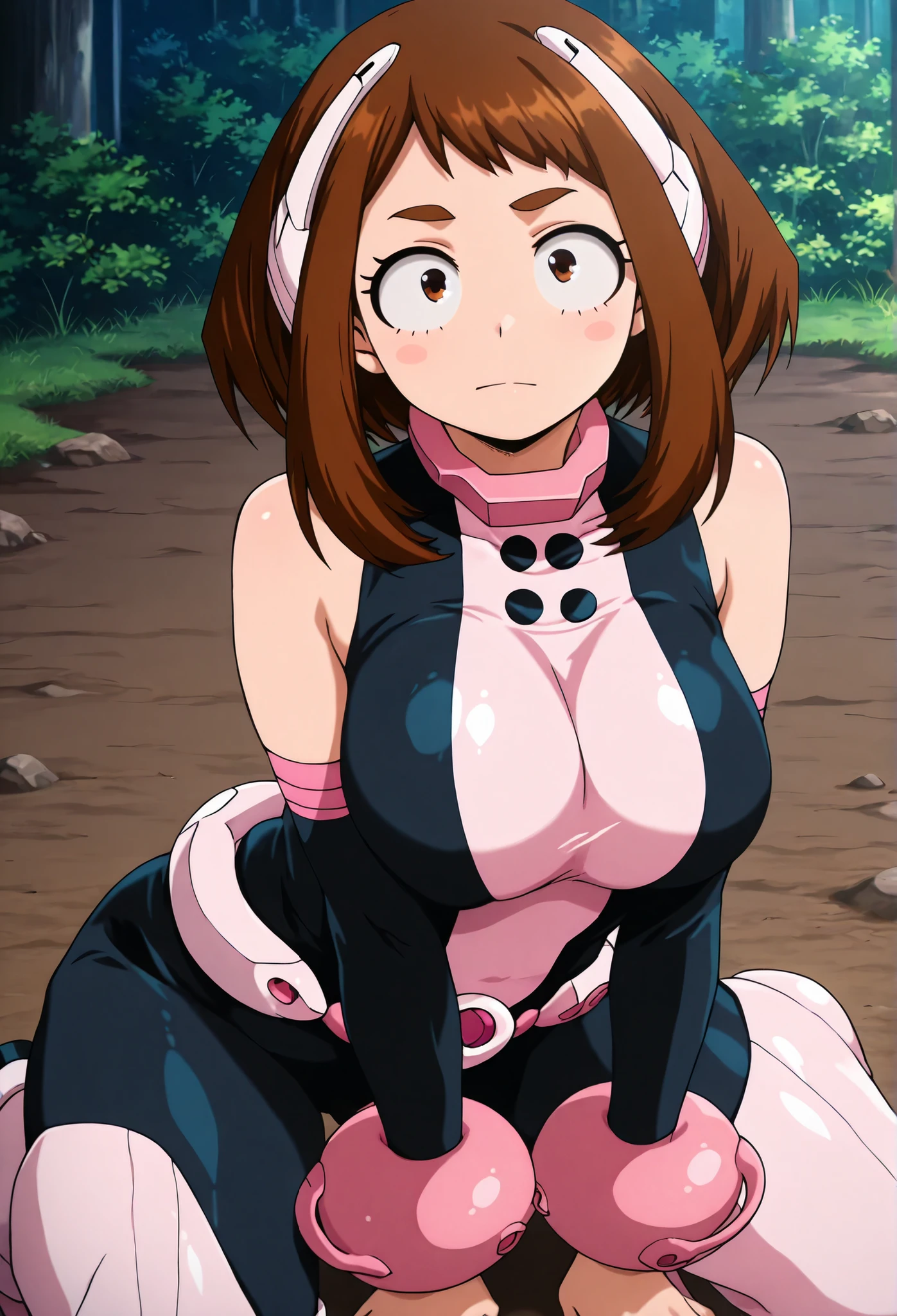 official style, anime screencap, uraraka ochako, 1girl, brown hair, brown eyes, solo, superhero, hero bodysuit, pink wrist guards, closed mouth, contrapposto, extra large breasts, (F65), looking at viewer, Kneeling on a mud-covered ground, It's raining heavily, It's night, Uraraka Ochako is smeared with mud, Her superhero suit is ripped open, Bare skin visible, Covered with charm by her bare breasts, looks at the viewer with charm,