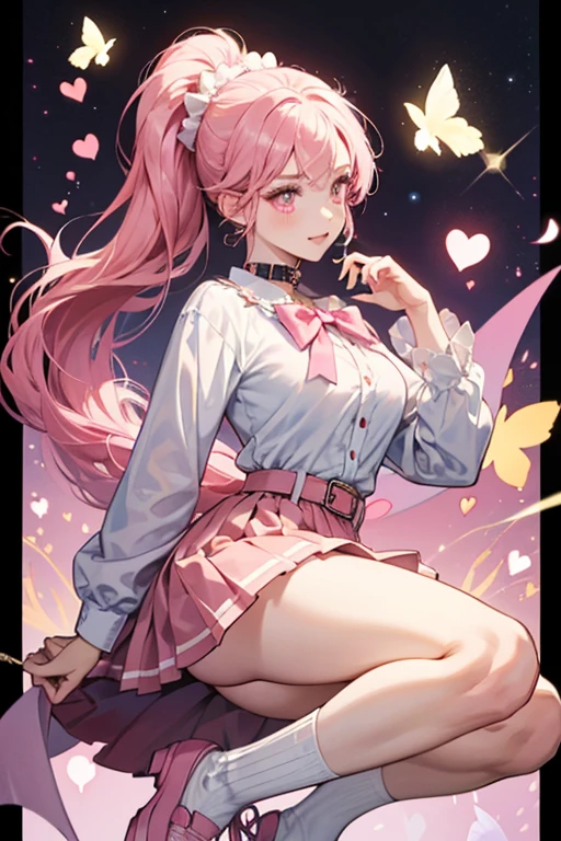 Countess has fair skin, dark hot pink hair in two low braided buns, and lilac eyes. Her lips are pink, and there is also a pink droplet of blood underneath her mouth. She wears a black tailed jacket with a cropped white frilly shirt underneath, black short-shorts, pink fishnet tights, and her shoes are black with pink soles. She has a pink and black cape with a heart on it. SPARKLE; GLITTER