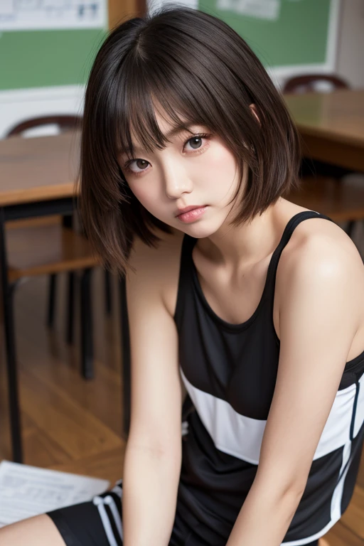 Japanese woman in black clothes, Short Bob Hair, a muscular build, low length, Baby Face, Droopy eyes, Thin lips, Upper body naked, Raise your hands above your head,nude,Straddle,Open Judo Uniform

