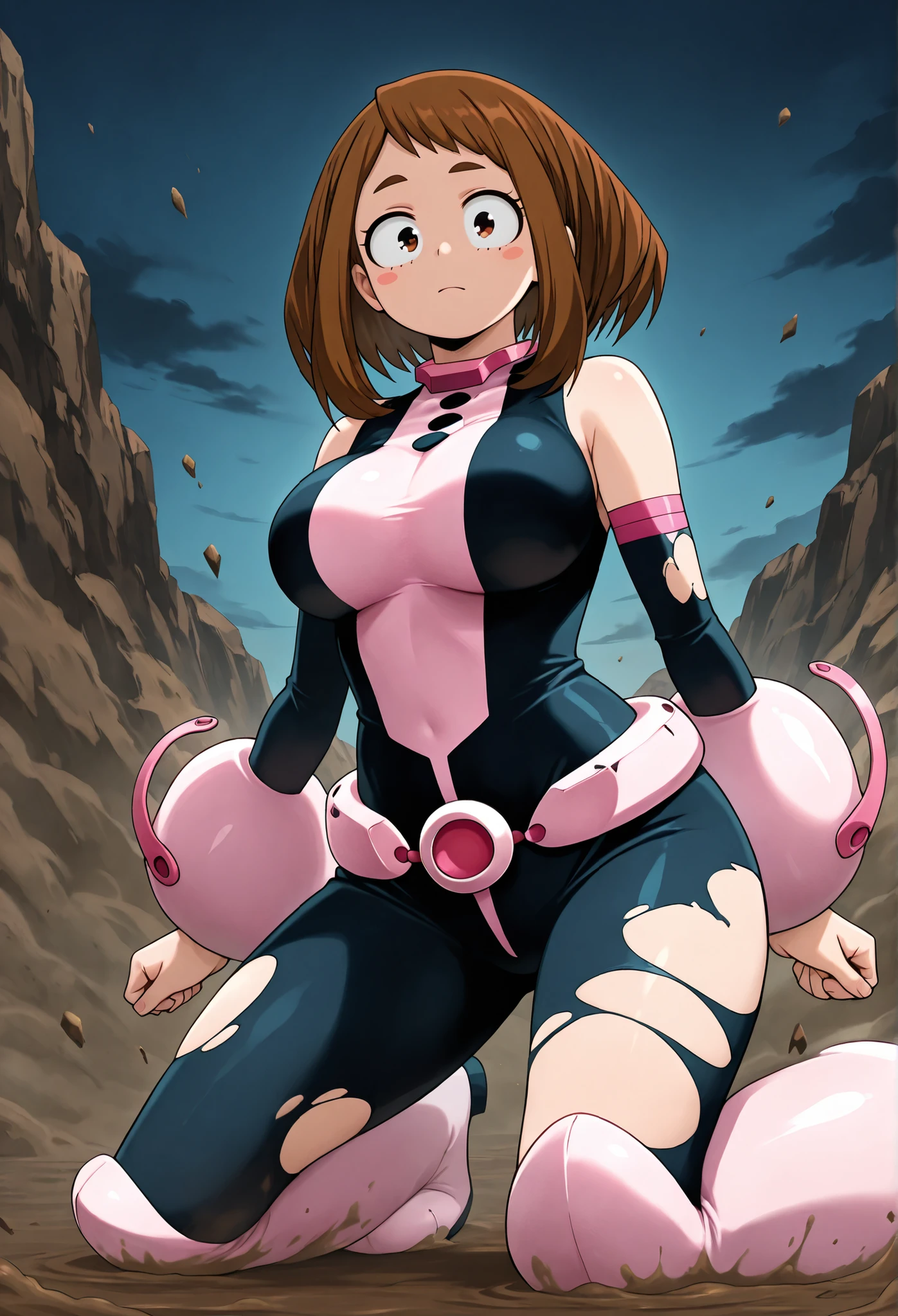official style, anime screencap, uraraka ochako, 1girl, brown hair, brown eyes, solo, superhero, hero bodysuit, pink wrist guards, closed mouth, contrapposto, extra large breasts, (F65), looking at viewer, Kneeling on a mud-covered ground, It's raining heavily, It's night, Uraraka Ochako is smeared with mud, Her superhero suit is ripped open, Bare skin visible, Covered with charm by her bare breasts, looks at the viewer with charm,