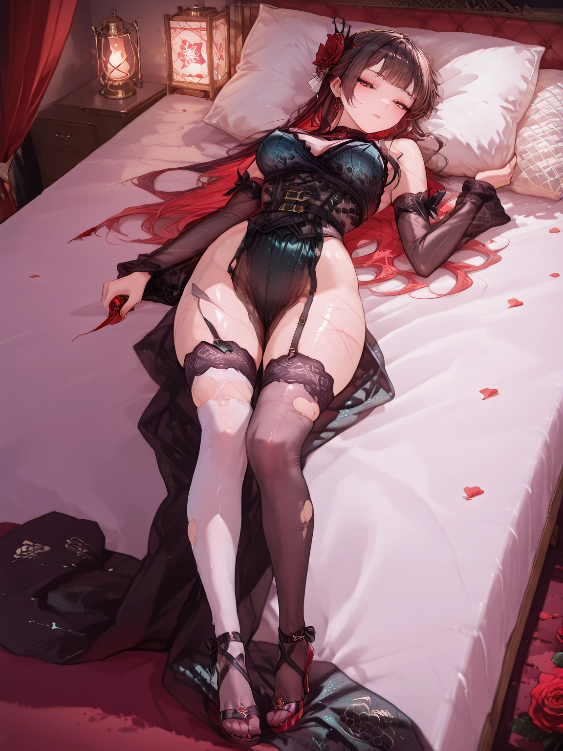 red hair, girl, lying on couch, long hair, breasts, black pantyhose, red bra, sleeping, half-closed eyes,