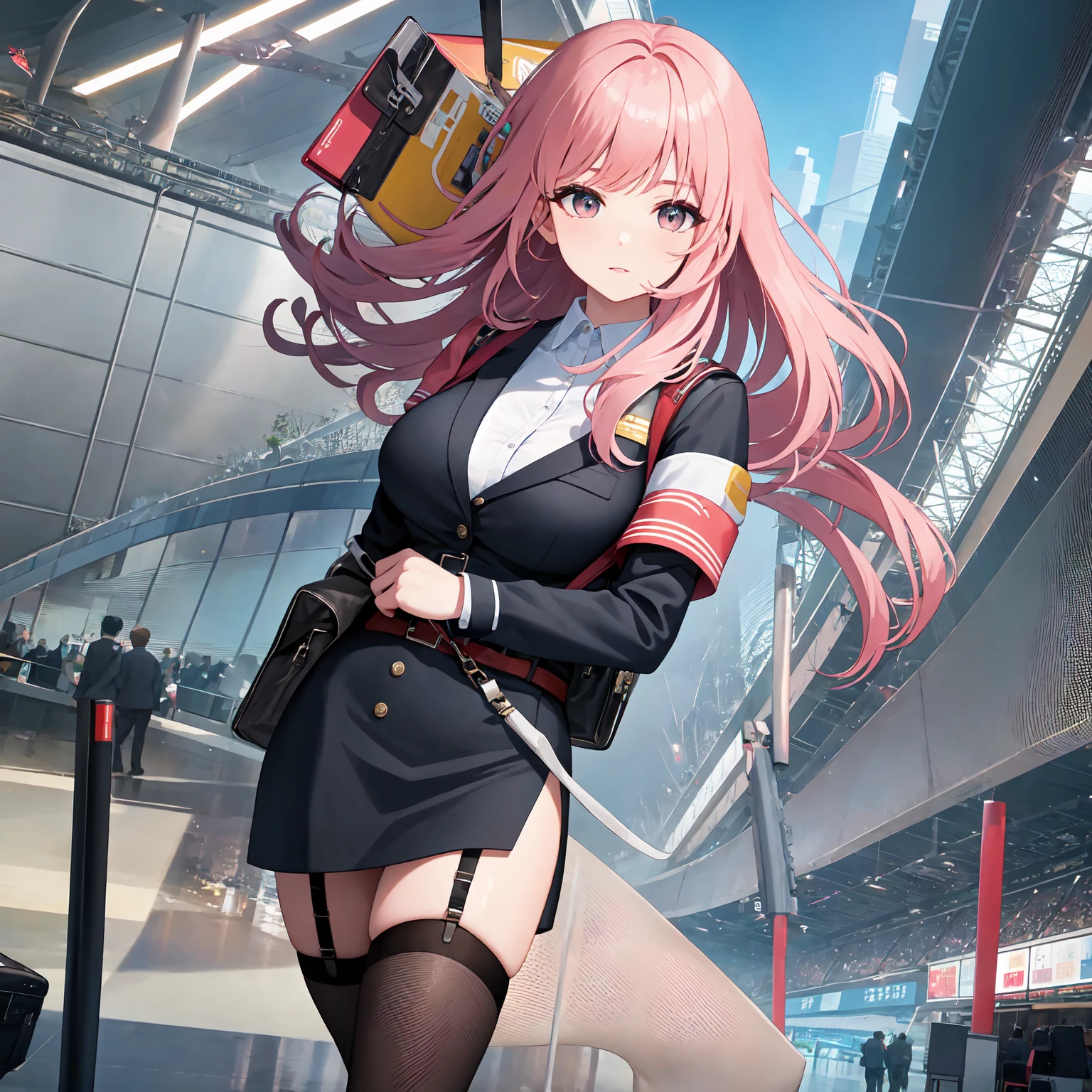 zero two \(darling in franxx\), darling in franxx, 1girl, bangs, bite, shadow, long hair, small breasts, green eyes, large thighs, red dress, yellow tie, makeup, shy, pair of small red horns, pink hair, red eyeshadow, skin, solo