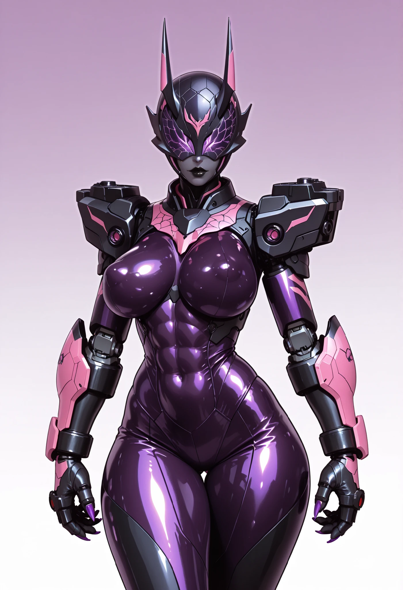 Robotic girl. Kamen Rider design lines. Biological machine. Graphite and purple image colors. Latex and metallic texture. Full face helmets. Hide eyes. Blindfold. Cracked pattern helmets. Stud costumes. Spiky. Devil horns. Black lips. Perky breasts. Abs. Curvy waist. Thighs. Pink sharp claws. Bladed gauntlet. Battleship elements. Turrets. Large arms. Asymmetric arms.