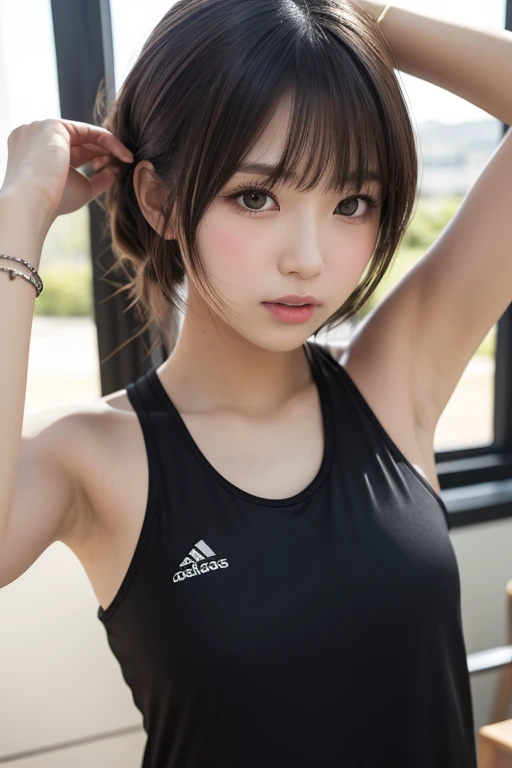 (masterpiece: 1.3), (8k, Realistic, RAW Photos, highest quality: 1.4), A 15-year-old idol-level beautiful girl、 , (Random hairstyle: 1.2), Micro Bikini,Super detailed face, (Slender body、Slim and beautiful proportions、Great waistline)、Small face、Cute red cheeks、Red, soft, thick lips、Eye on the details, double eyelid,Tear bags、Leaning on your chest, Sharp focus: 1.2, Cute Woman: 1.4, Light brown hair, highest quality, masterpiece, Ultra-high resolution, (Realistic:1.4), Highly detailed and professionally lit smiles, Playground Background, Athlete Stretching, A tight sweaty white crop top, Light blue low leg wet racing pants, Shining Sweat, Baby Face, thin, Serious expression, short hair, Slim and toned body、Muscular thighs, Tight waist, Show off your larger breasts、No underwear、