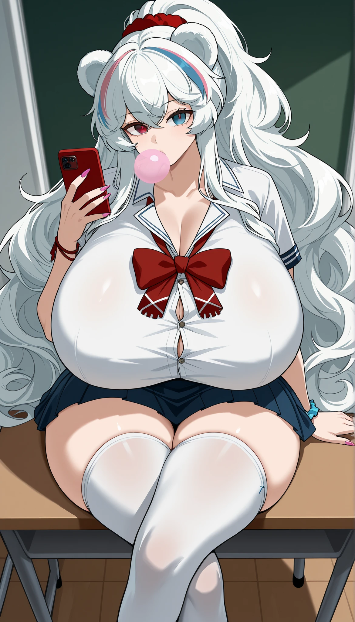 rosa_\(arknights\), heterochromia,red eye, blue eye,white hair ,streaked hair,bear ears,bear tail,long hair,wavy hair,ponytail,wavy ponytail, ,curvy,wide hips, thick highs, huge butt, huge breasts, (gigantic breasts1:8), sagging breasts, gyaru, schoolgirl uniform,hairpin,chewing bubblegum, holding phone, sitting on desk, short sleeve button up shirt, scrunchie wristband ,loose ribbon,red ribbon bracelet, miniskirt, tiny miniskirt, plead skirt,legs crossed,front view, looking at viewer